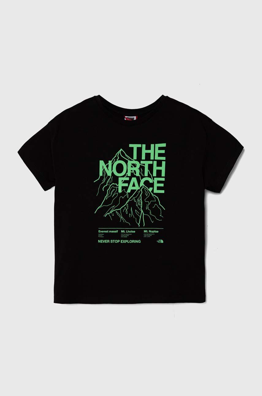 Levně Dětské bavlněné tričko The North Face B MOUNTAIN LINE S/S TEE černá barva, s potiskem