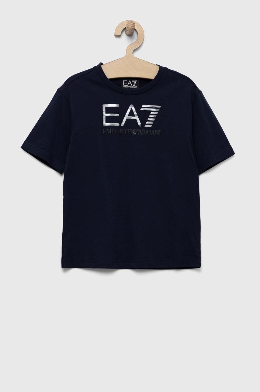 Levně Dětské bavlněné tričko EA7 Emporio Armani tmavomodrá barva, s potiskem