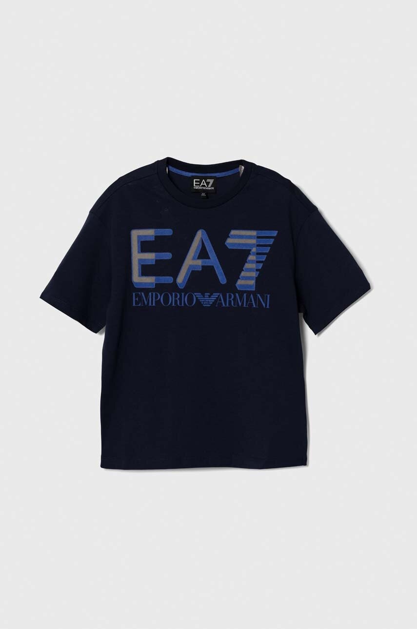 EA7 Emporio Armani tricou de bumbac pentru copii culoarea albastru marin, cu imprimeu