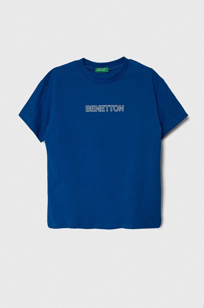 

Детска памучна тениска United Colors of Benetton в синьо с принт, Син