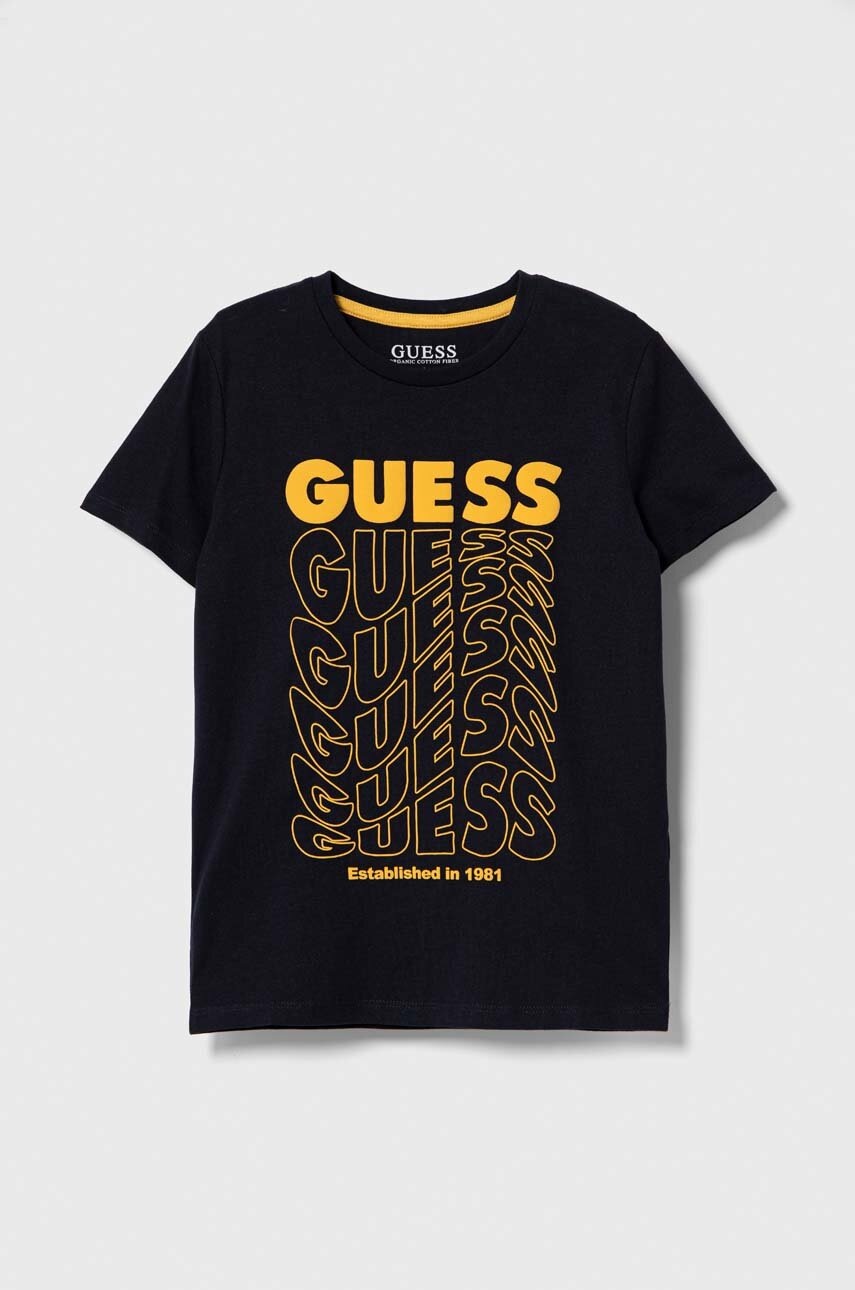 

Дитяча бавовняна футболка Guess колір синій з принтом