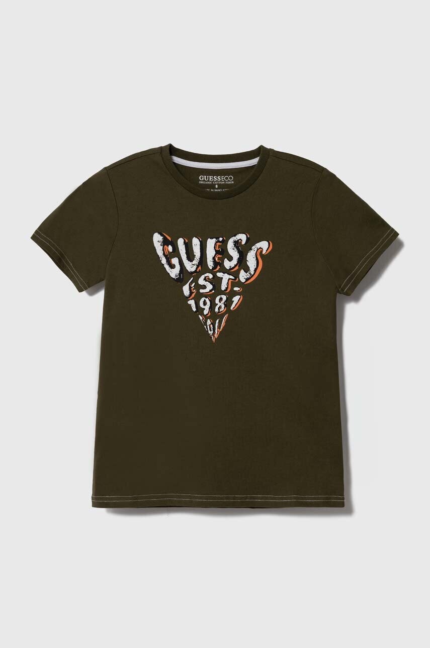 

Детска памучна тениска Guess в зелено с принт, Зелен