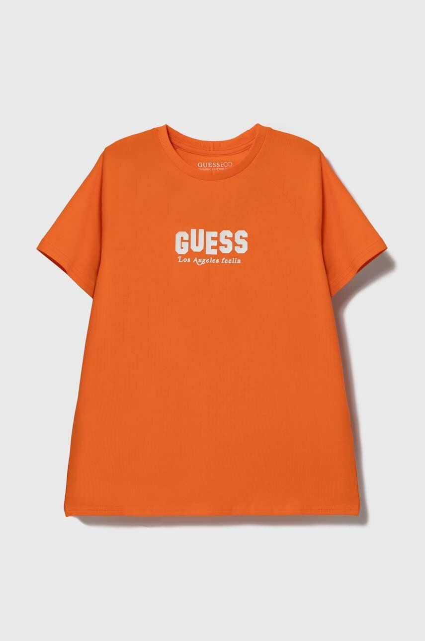 Dětské tričko Guess oranžová barva, s potiskem - oranžová - 95 % Bavlna
