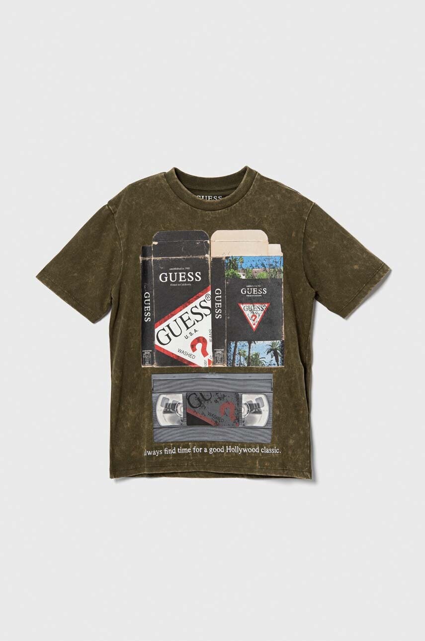 

Дитяча бавовняна футболка Guess колір зелений з принтом