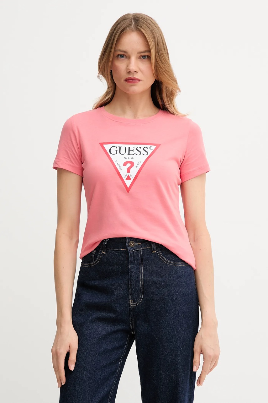 Levně Bavlněné tričko Guess růžová barva