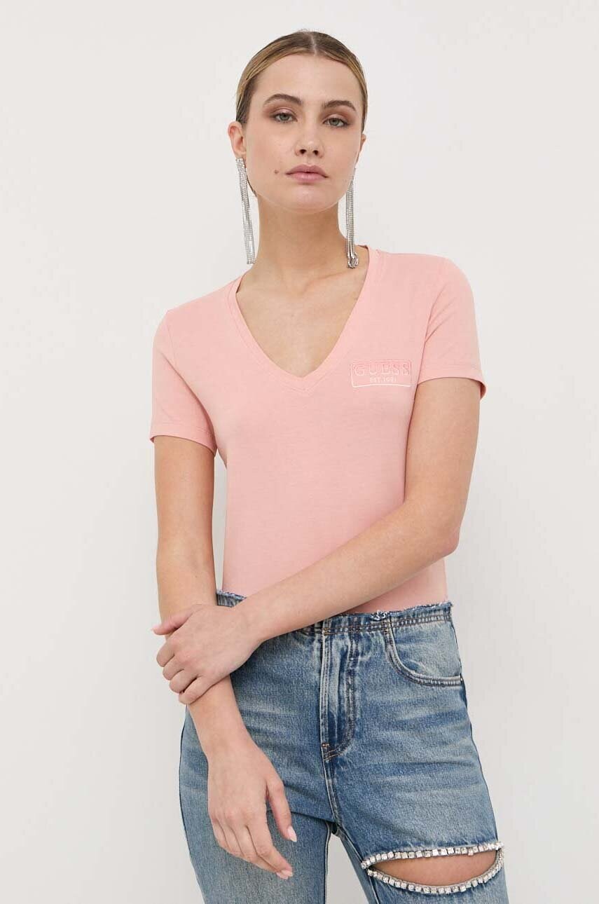 

Хлопковая футболка Guess цвет розовый