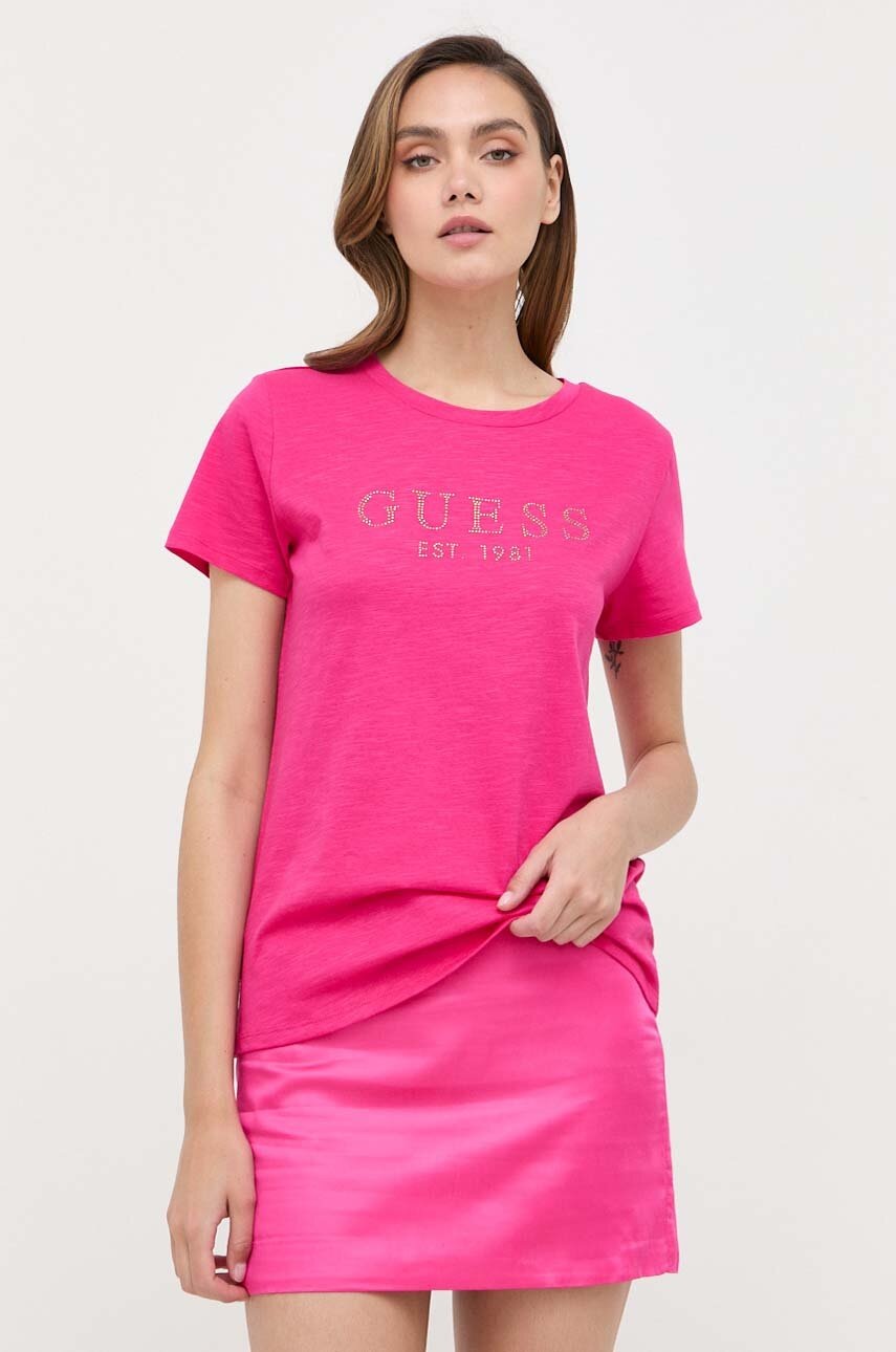 

Хлопковая футболка Guess цвет розовый