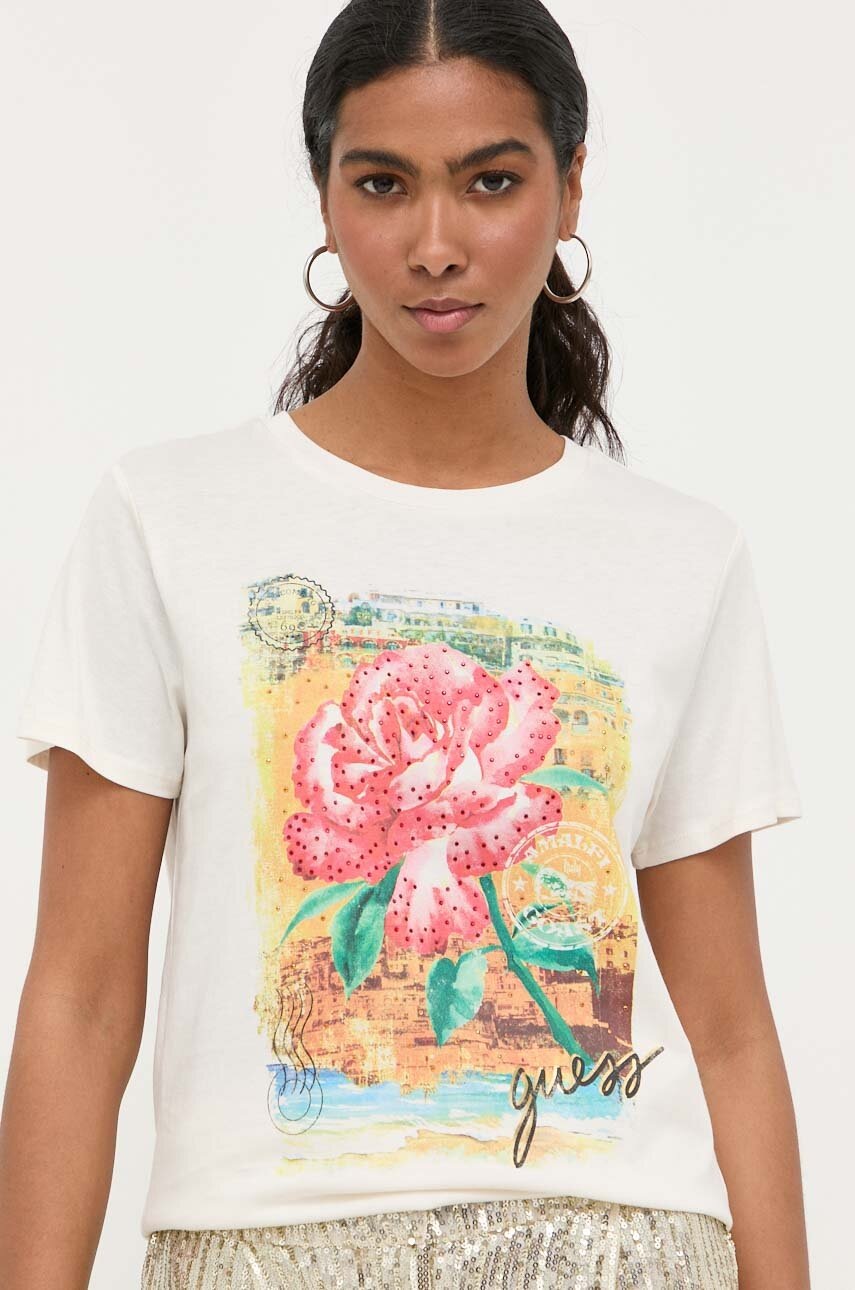 

Памучна тениска Guess в бежово, Бежов