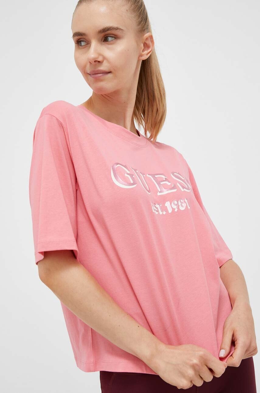 

Памучна тениска Guess в розово, Розов