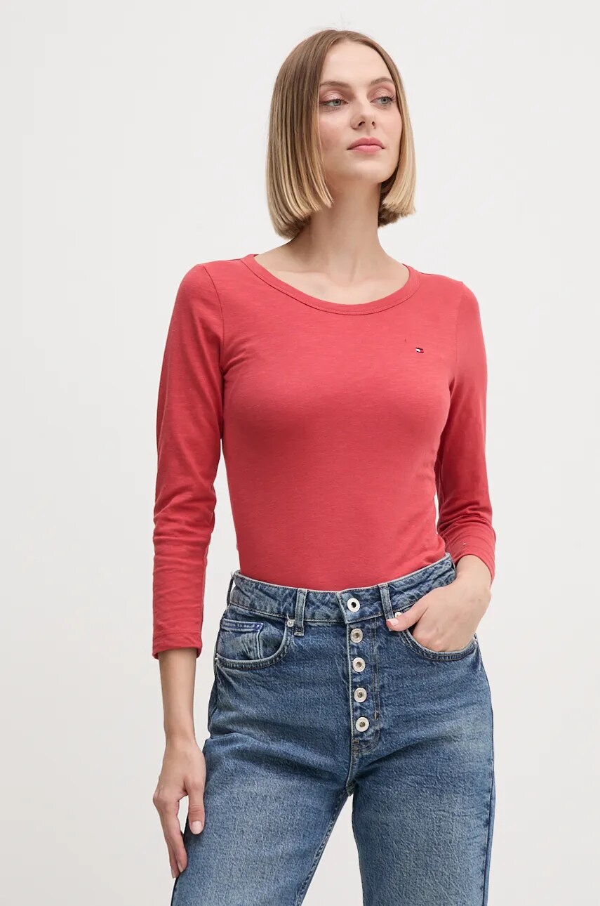 Levně Bavlněné tričko s dlouhým rukávem Tommy Hilfiger červená barva, WW0WW37861