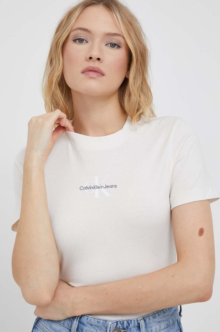 

Памучна тениска Calvin Klein Jeans в бежово, Бежов