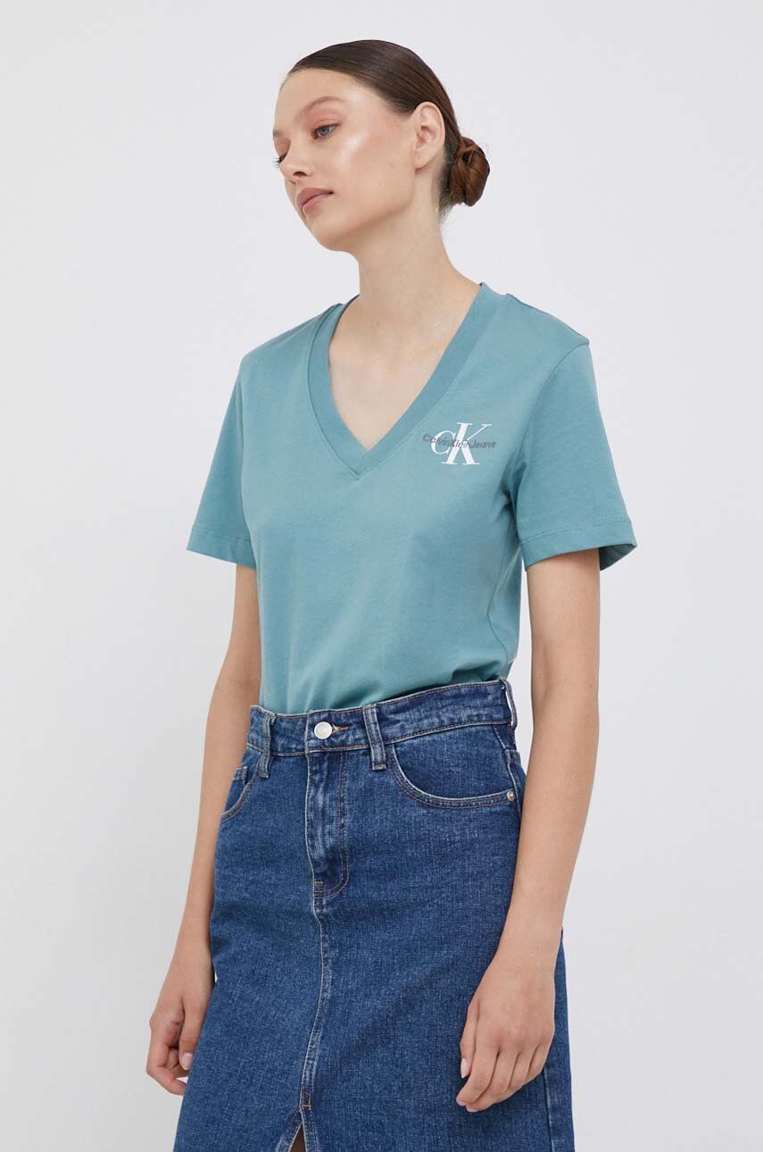 Bavlněné tričko Calvin Klein Jeans tyrkysová barva - tyrkysová - 100 % Bavlna