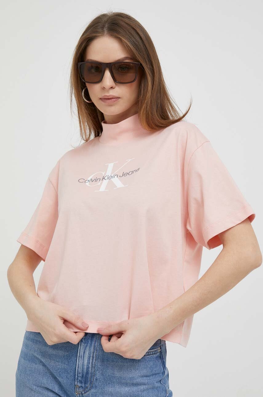 

Памучна тениска Calvin Klein Jeans в розово с ниско поло, Розов