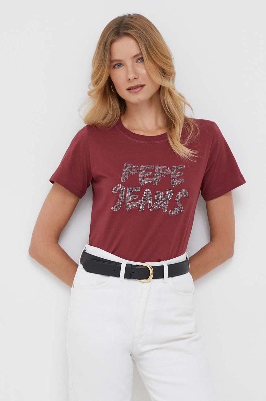 Bavlněné tričko Pepe Jeans Bria vínová barva - burgundské -  100 % Bavlna