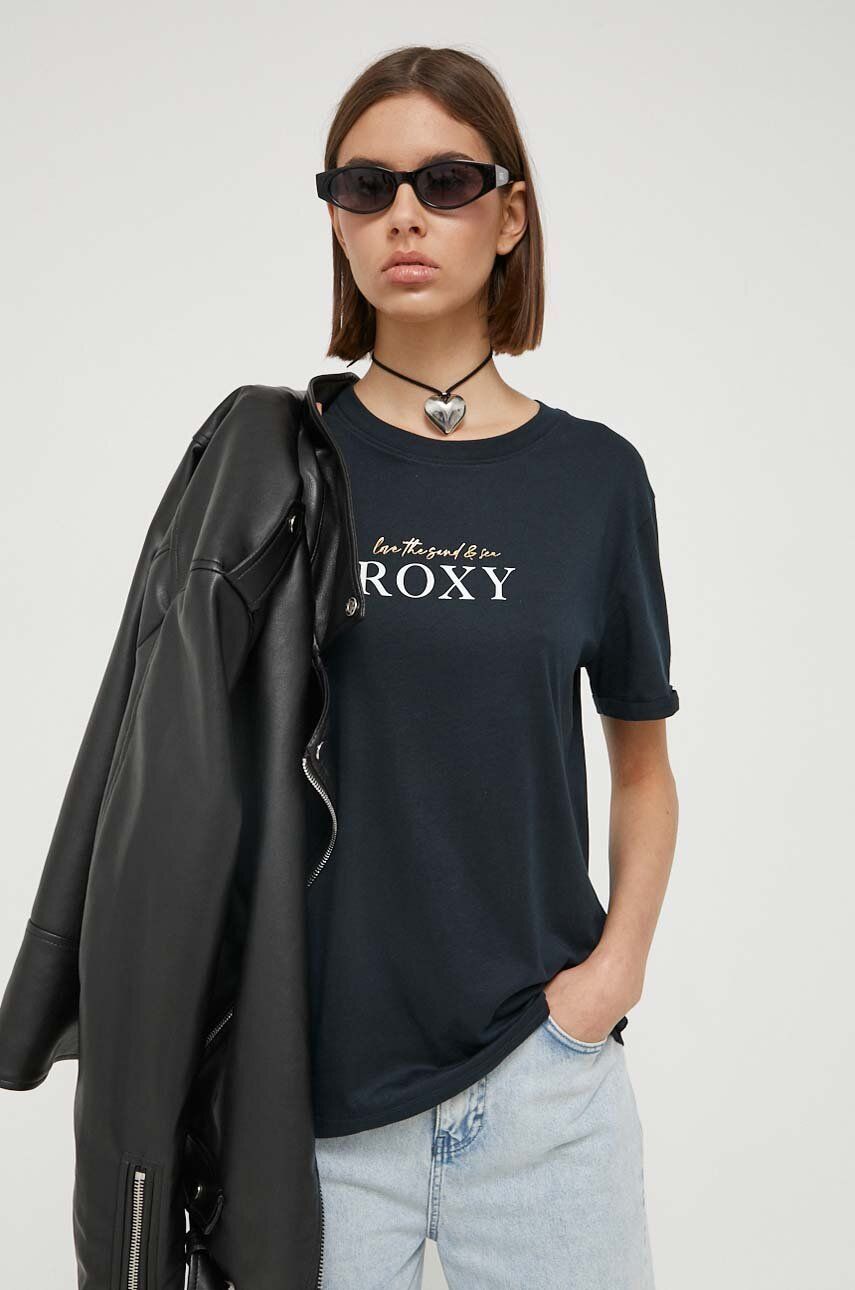 Bavlněné tričko Roxy černá barva - černá -  100 % Bavlna