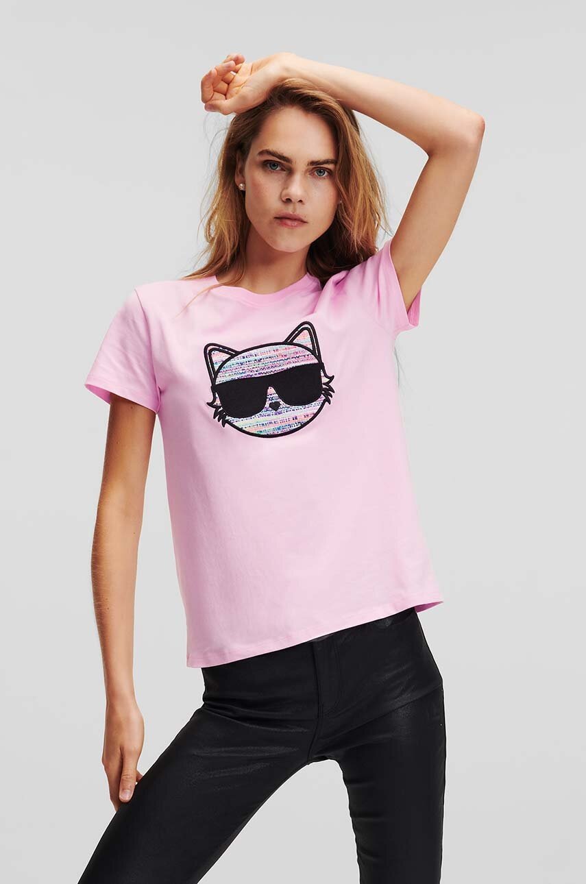 

Памучна тениска Karl Lagerfeld в розово, Розов