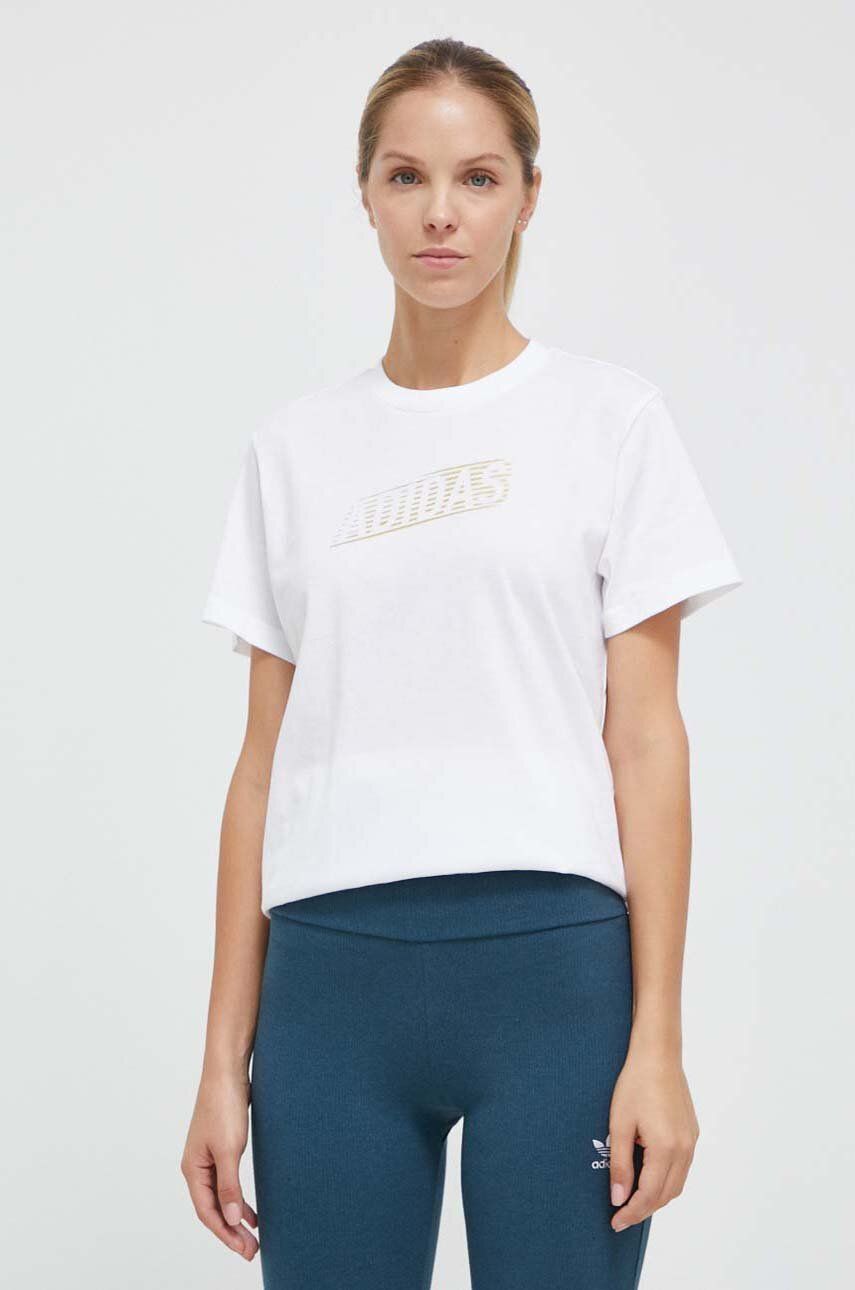 Levně Bavlněné tričko adidas bílá barva