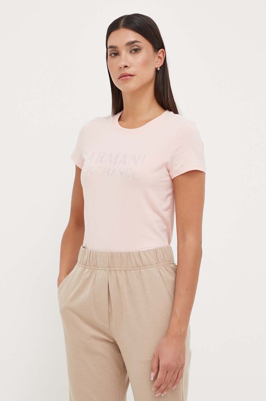 Tričko Armani Exchange růžová barva - růžová -  92 % Bavlna