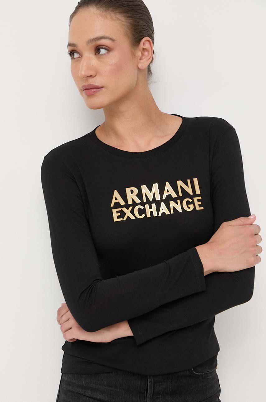 Levně Bavlněné tričko s dlouhým rukávem Armani Exchange černá barva