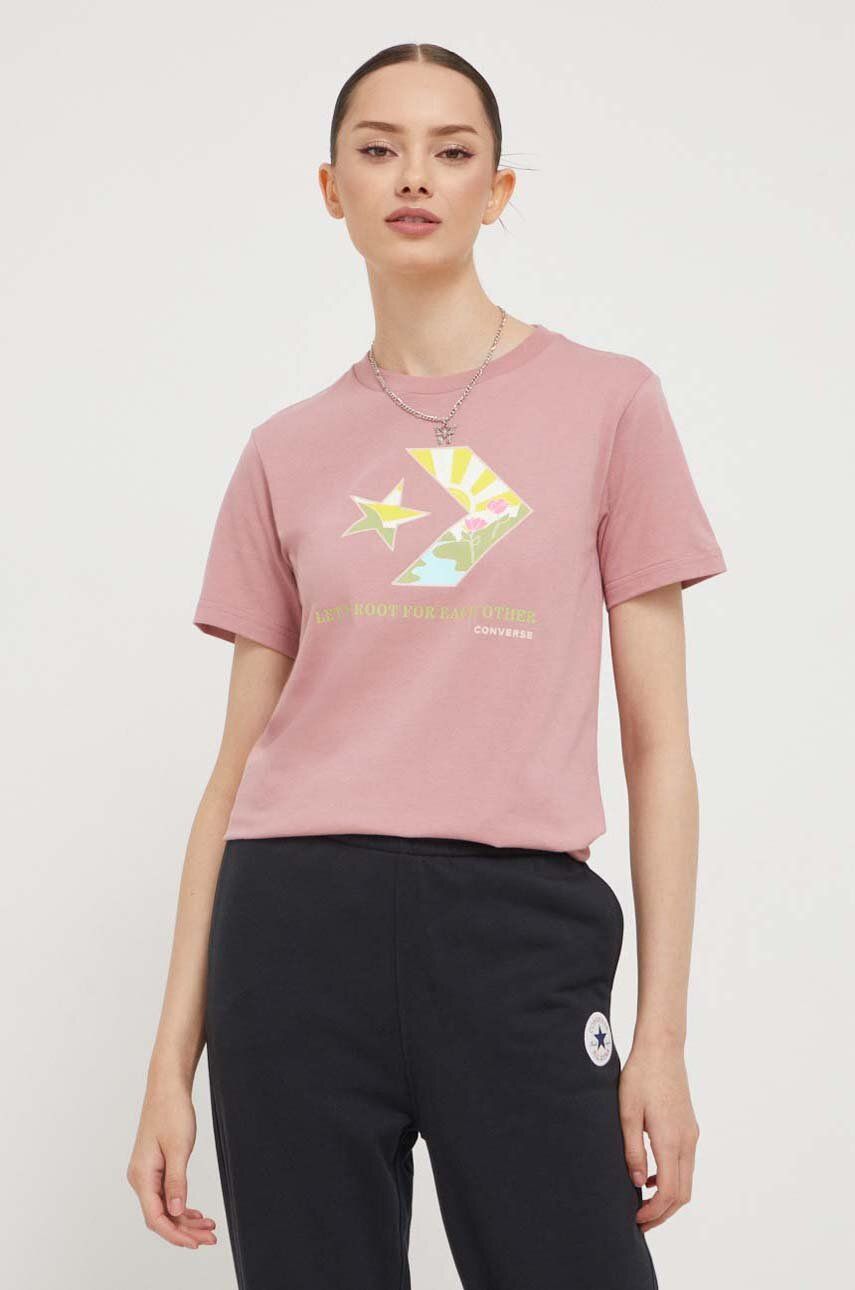 Levně Bavlněné tričko Converse růžová barva