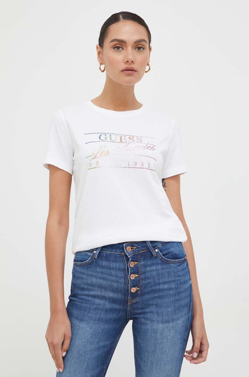 

Памучна тениска Guess в бежово, Бежов