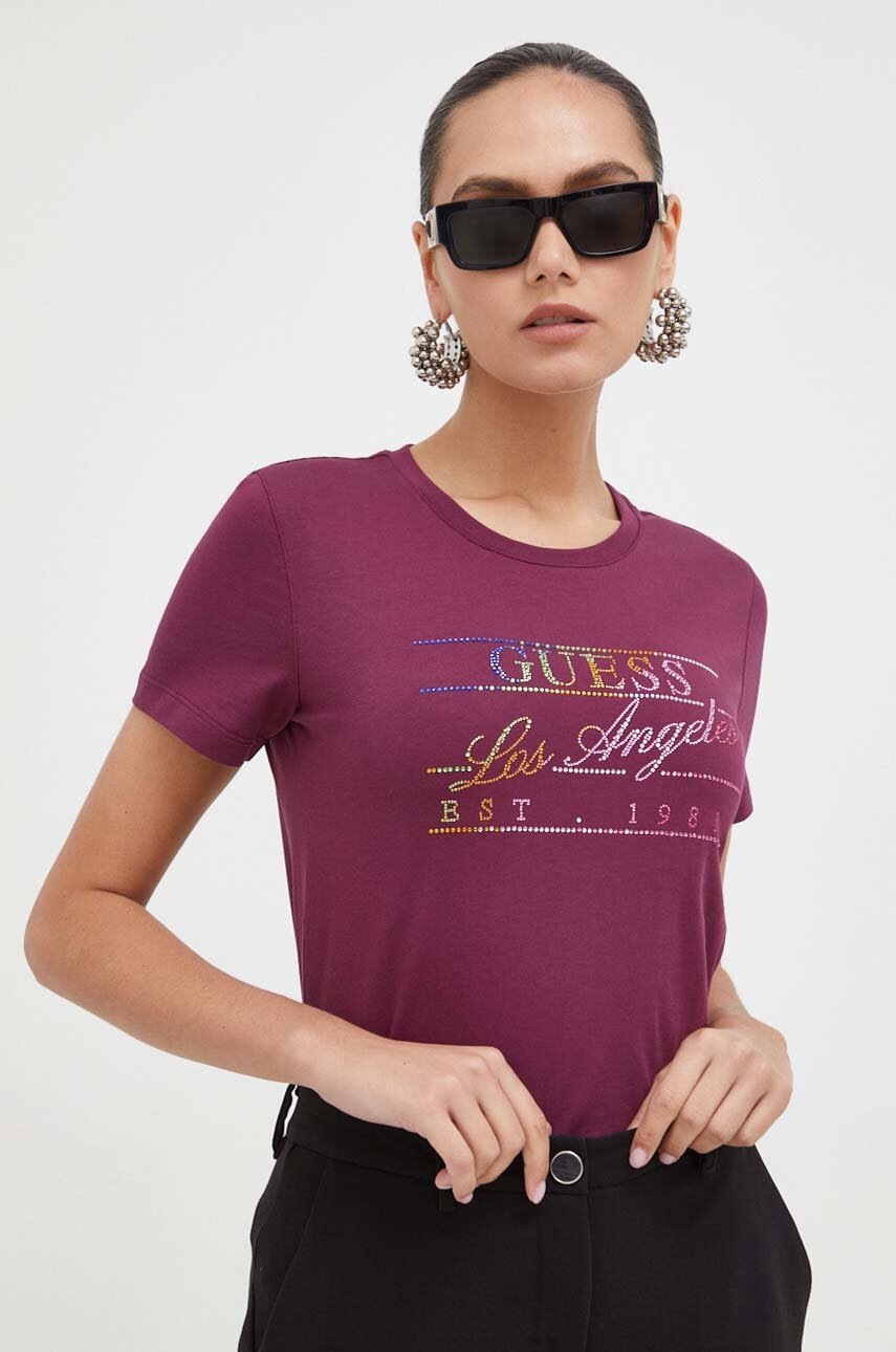 

Хлопковая футболка Guess женский цвет фиолетовый