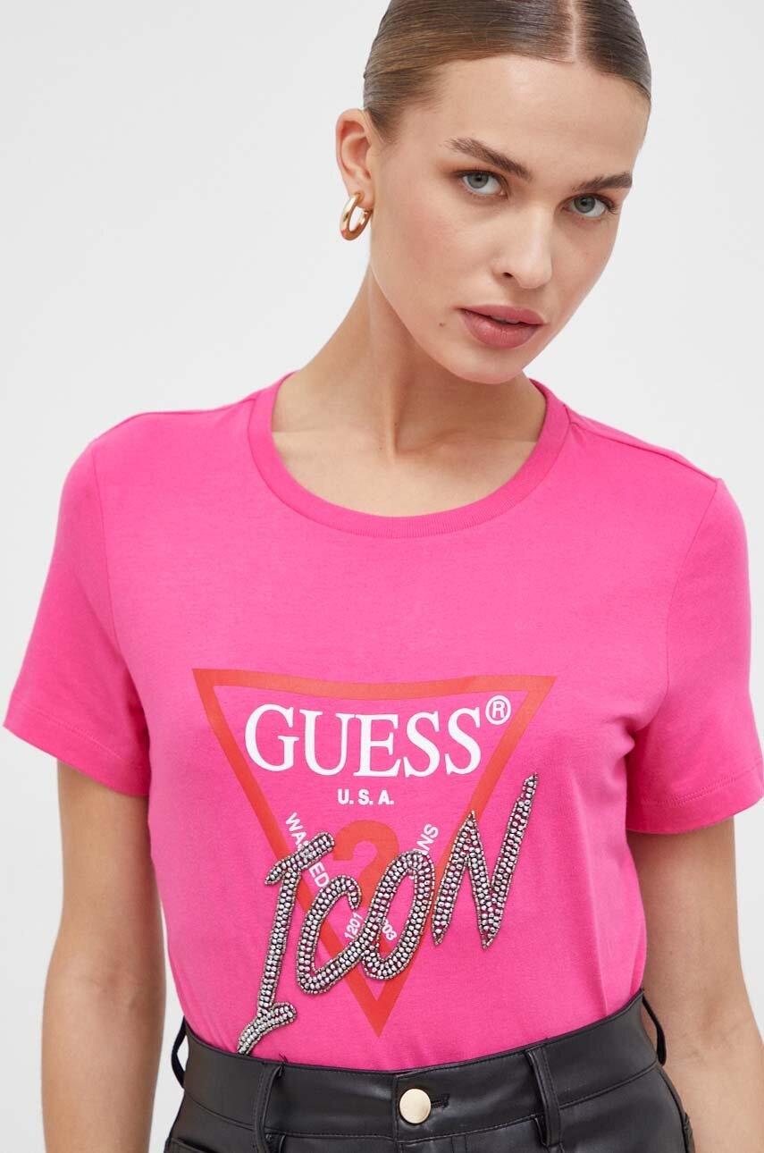 

Памучна тениска Guess в розово, Розов