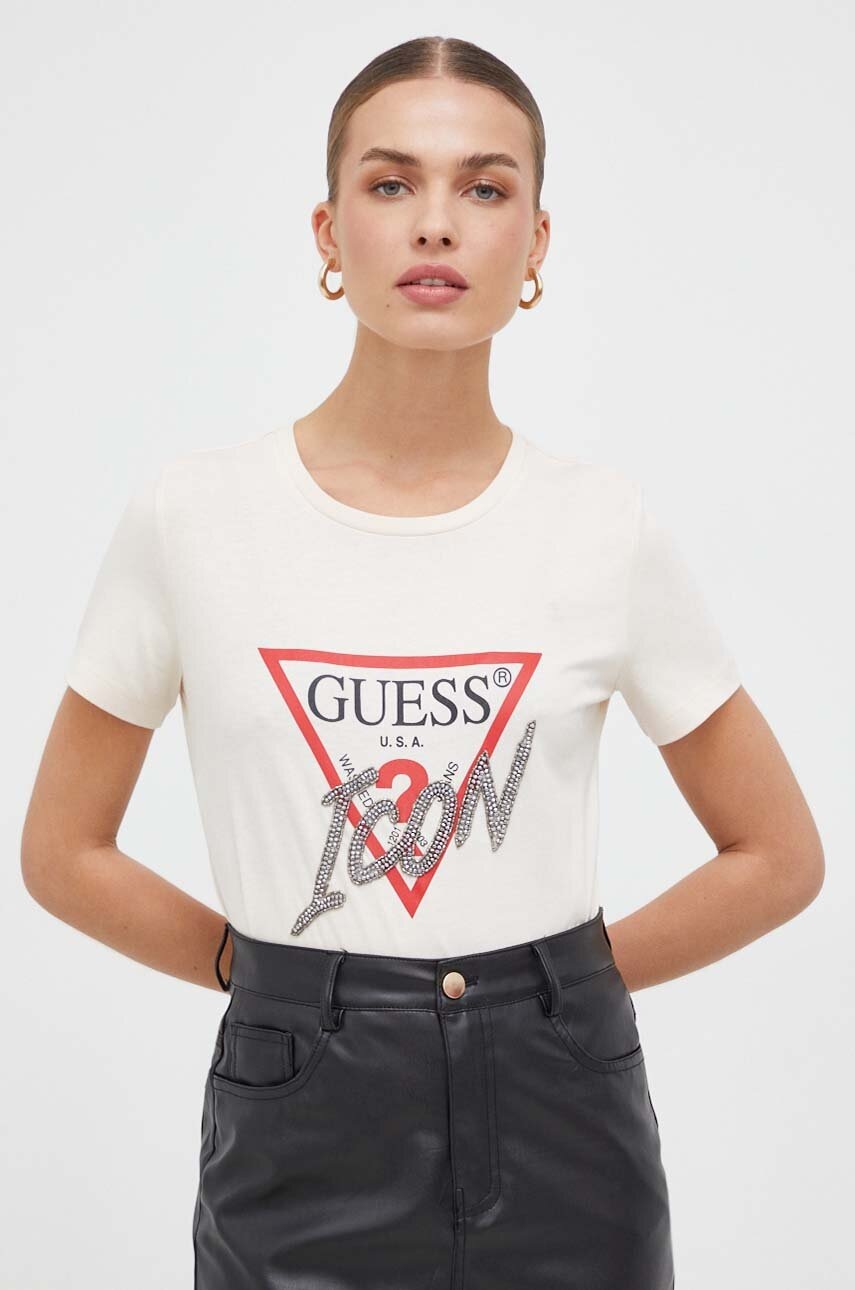 

Хлопковая футболка Guess женский цвет бежевый