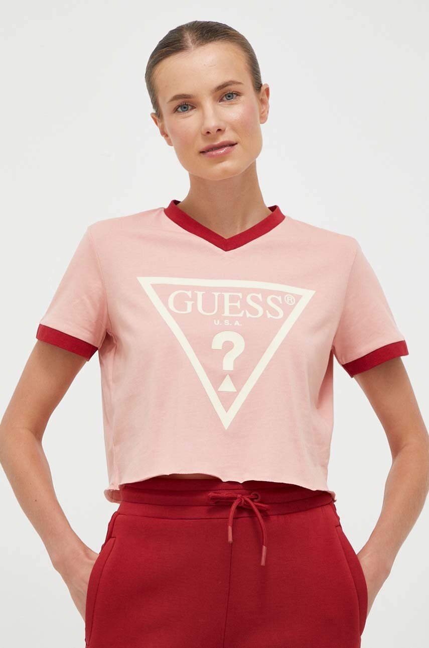 

Хлопковая футболка Guess цвет розовый