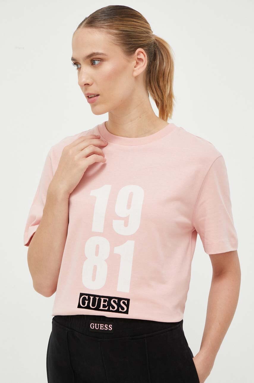 

Памучна тениска Guess в розово, Розов