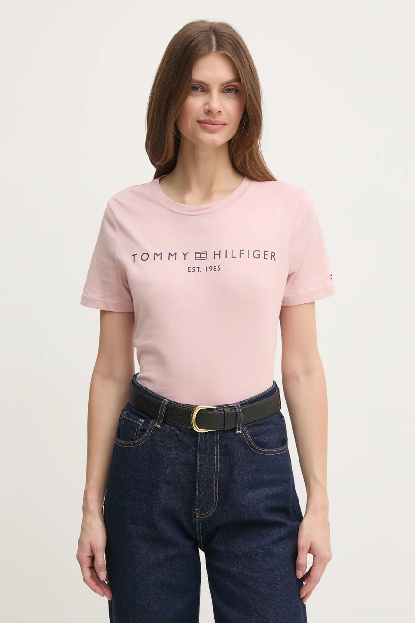 Βαμβακερό μπλουζάκι Tommy Hilfiger γυναικείο, χρώμα: ροζ, WW0WW40276 φωτογραφία