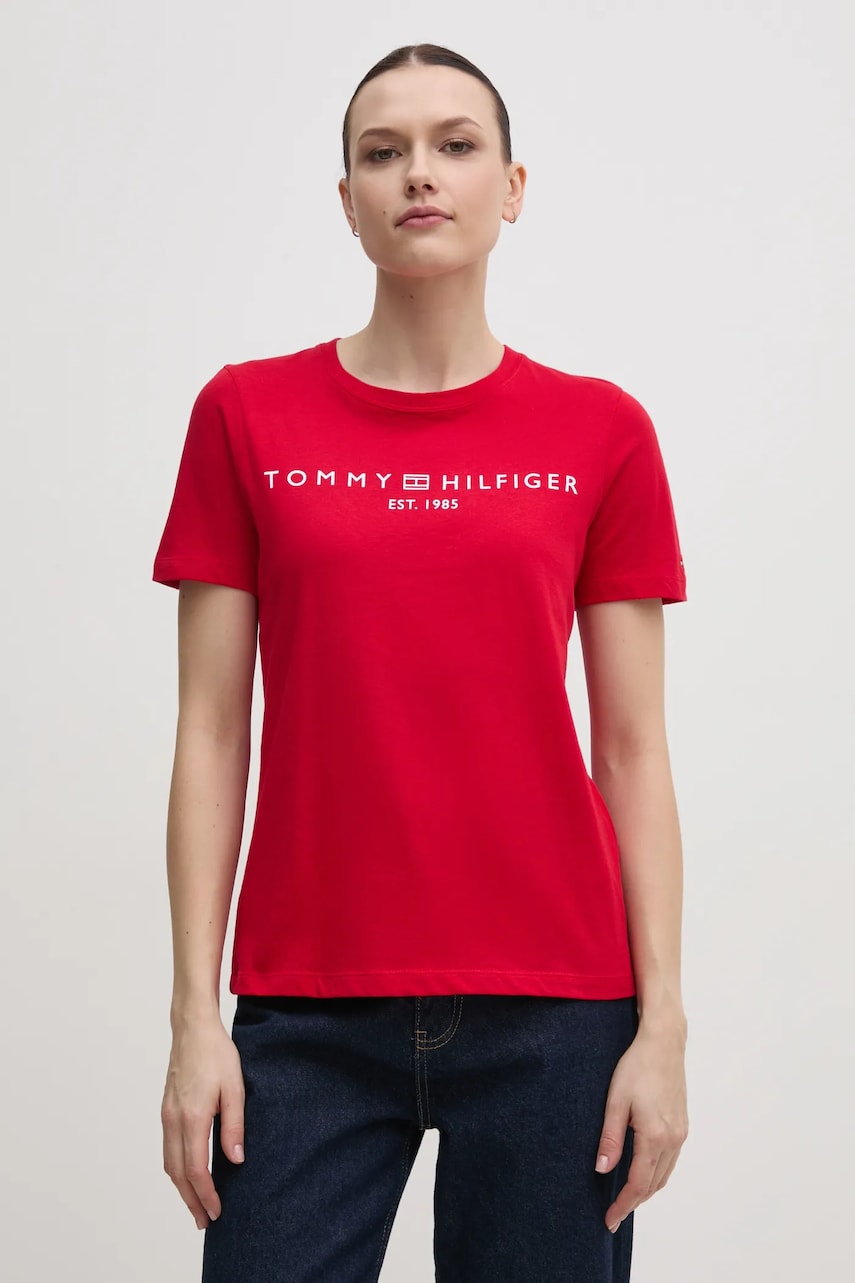 Levně Bavlněné tričko Tommy Hilfiger červená barva, WW0WW40276