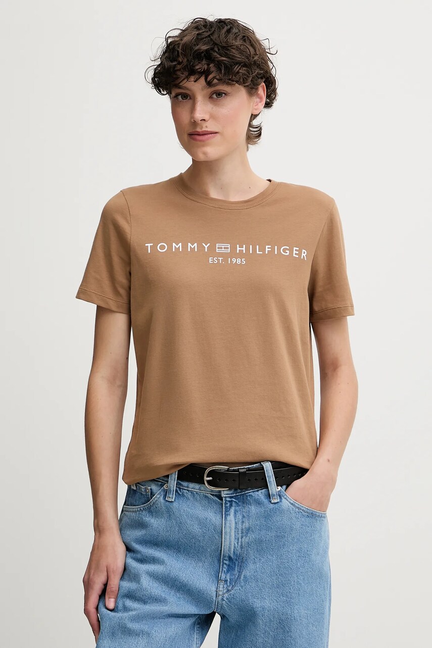 Levně Bavlněné tričko Tommy Hilfiger dámské, hnědá barva, WW0WW40276