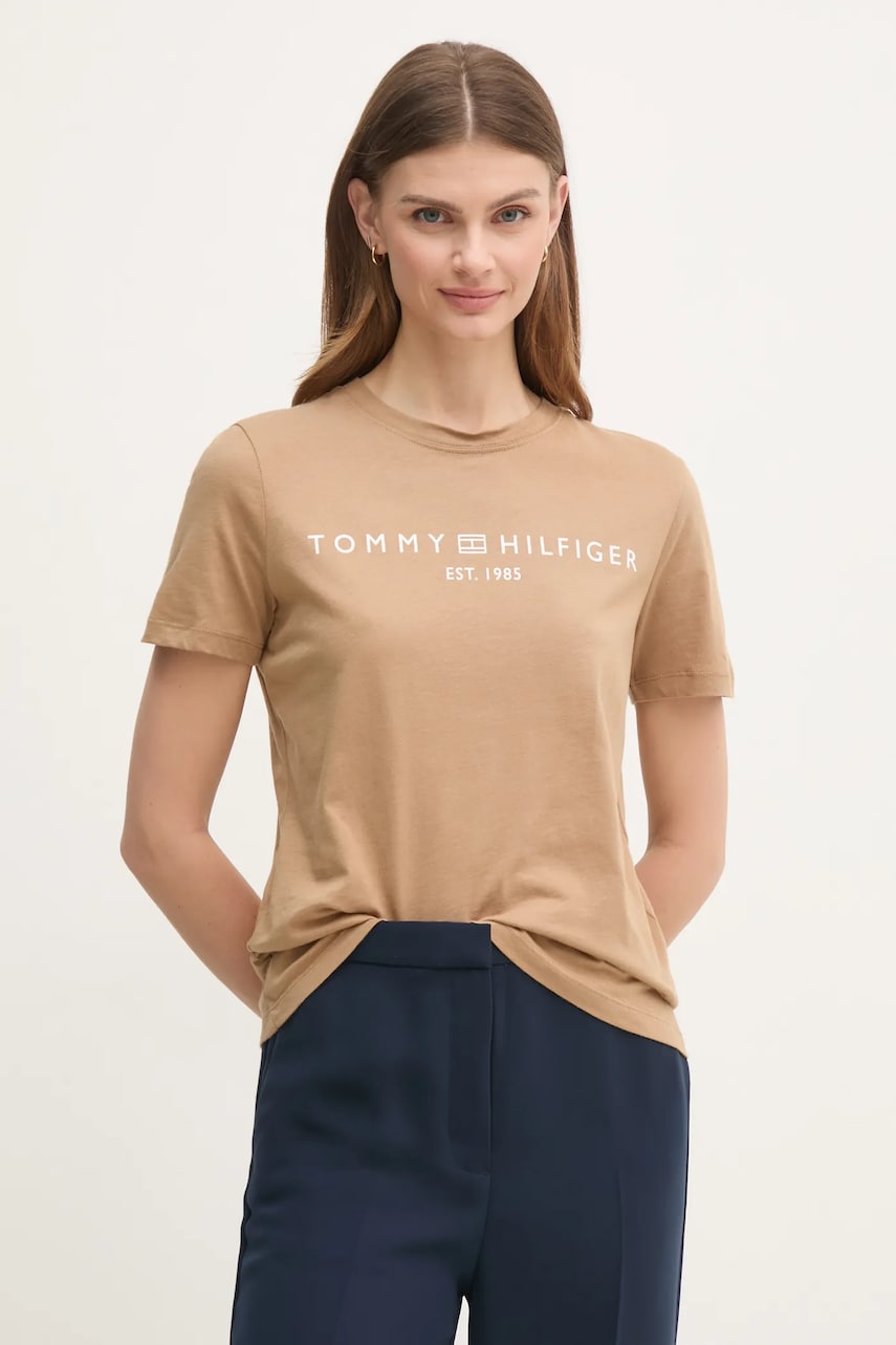 Levně Bavlněné tričko Tommy Hilfiger hnědá barva, WW0WW40276