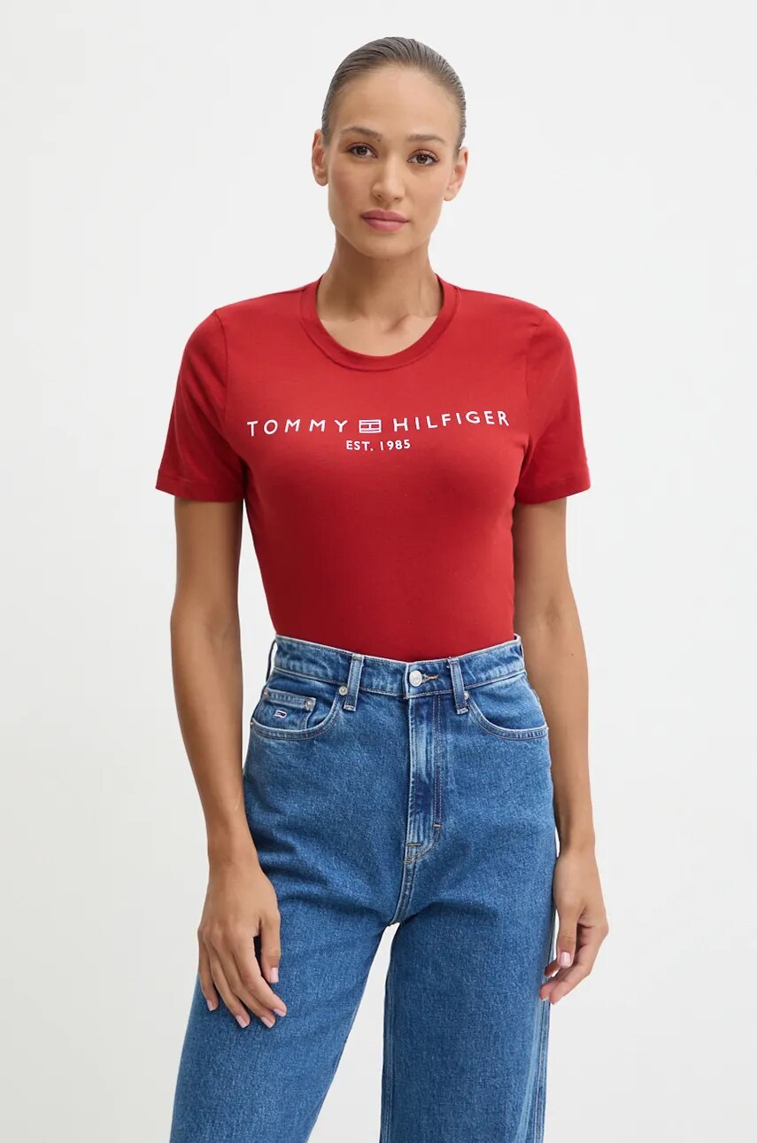 Levně Bavlněné tričko Tommy Hilfiger vínová barva, WW0WW40276