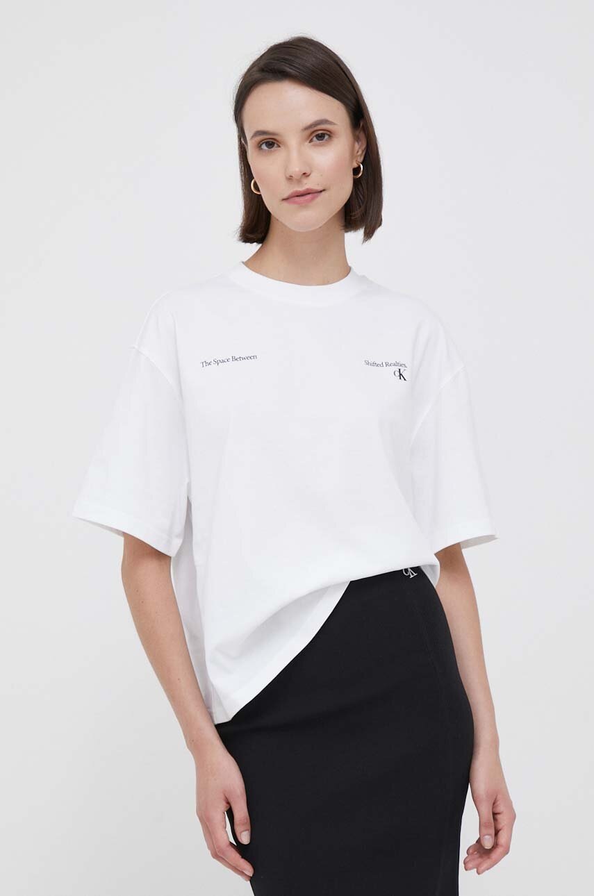 

Памучна тениска Calvin Klein Jeans в бяло, Бял