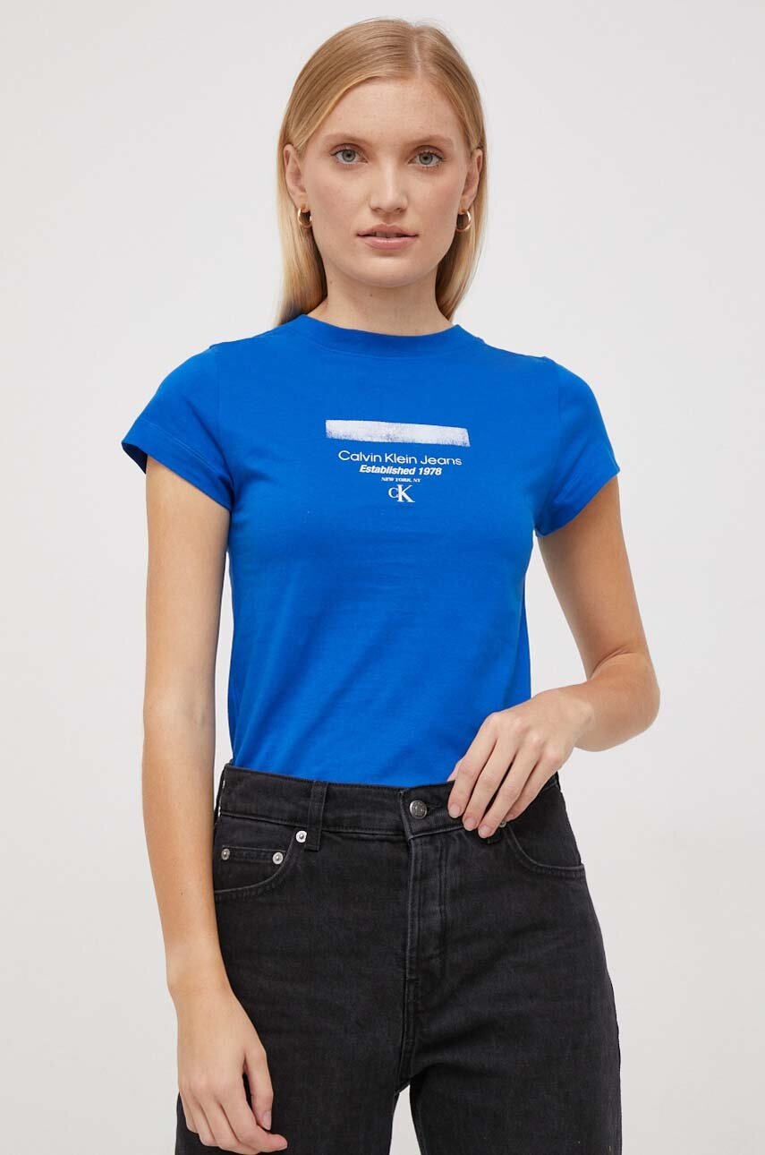 

Памучна тениска Calvin Klein Jeans в синьо, Син