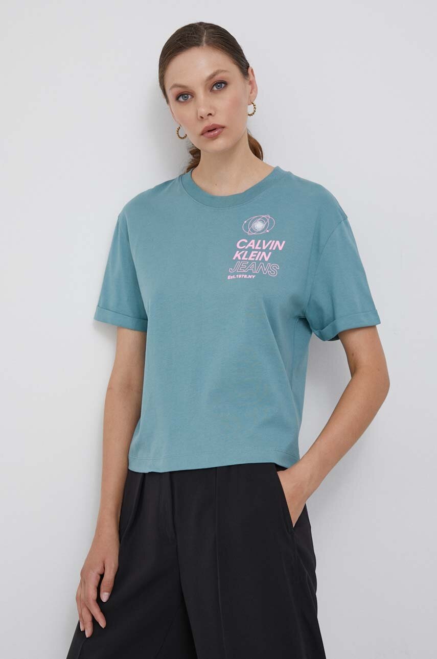 

Памучна тениска Calvin Klein Jeans в синьо, Син