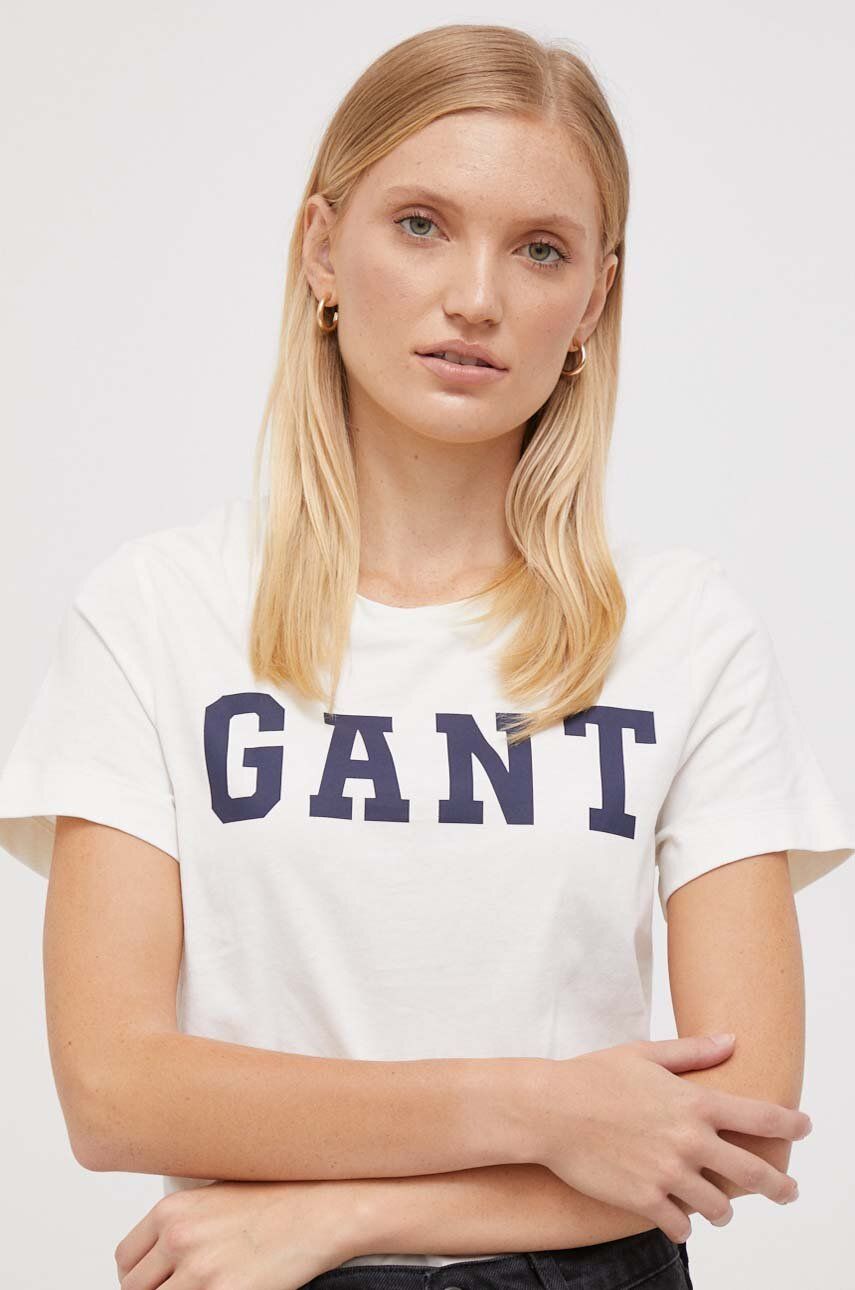 Gant Tricou Din Bumbac Femei, Culoarea Bej