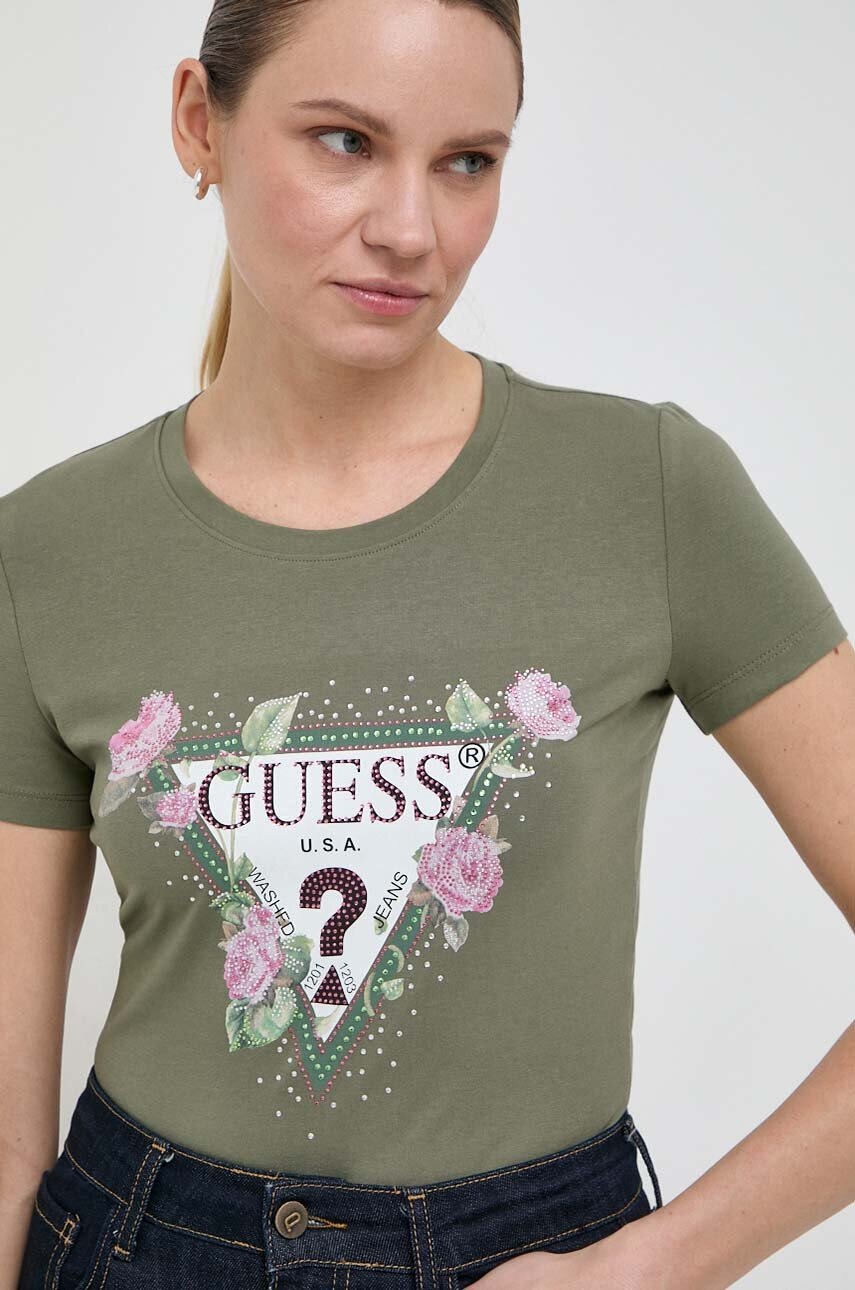 Levně Tričko Guess FLORAL zelená barva, W4RI28 J1314