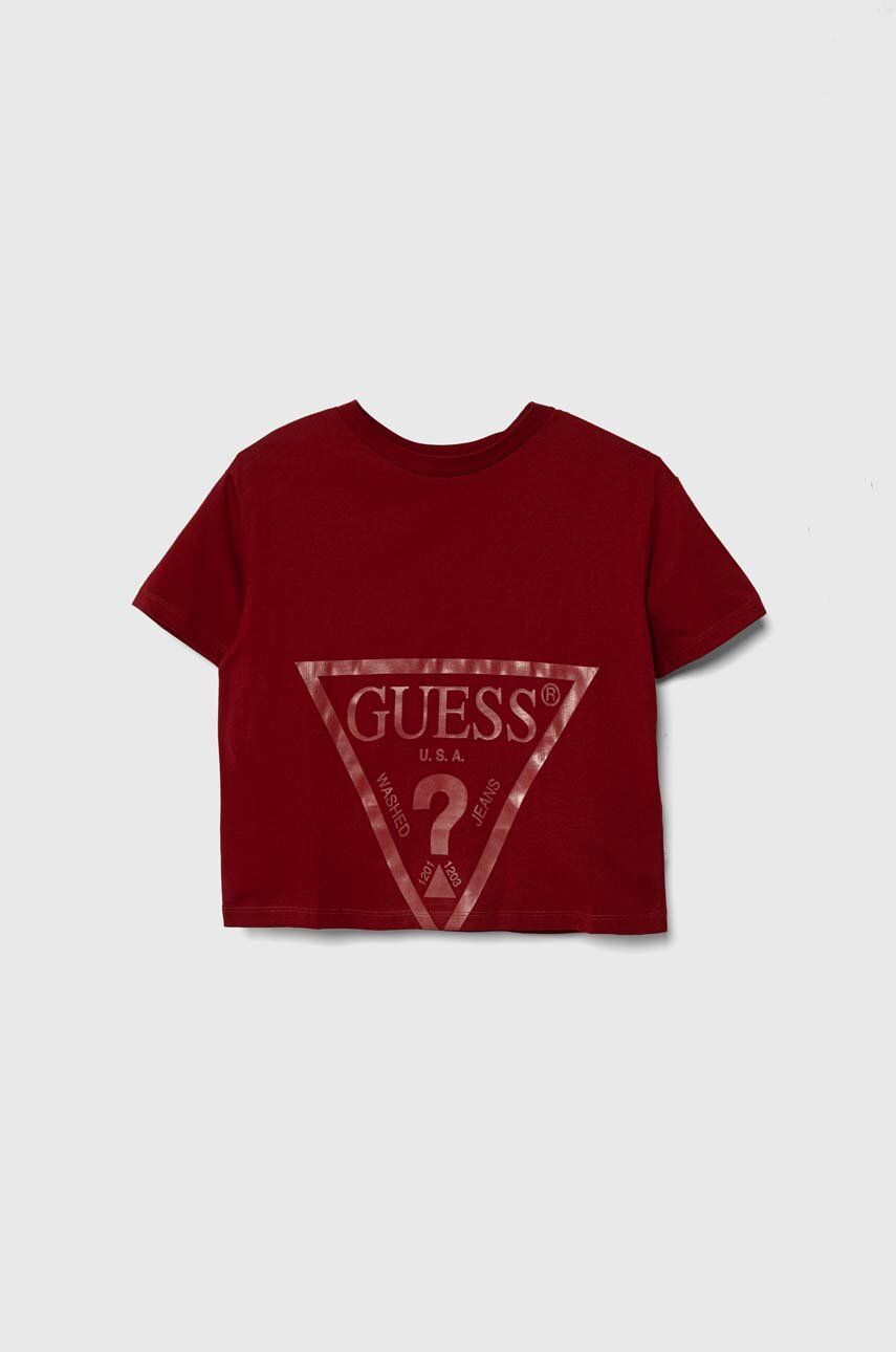 Levně Dětské bavlněné tričko Guess vínová barva
