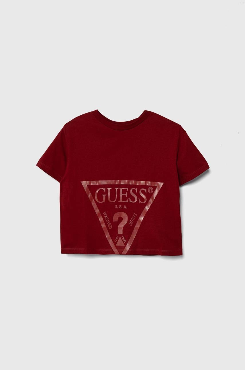 Дитяча бавовняна футболка Guess колір бордовий Дитяча бавовняна футболка Guess колір бордовий