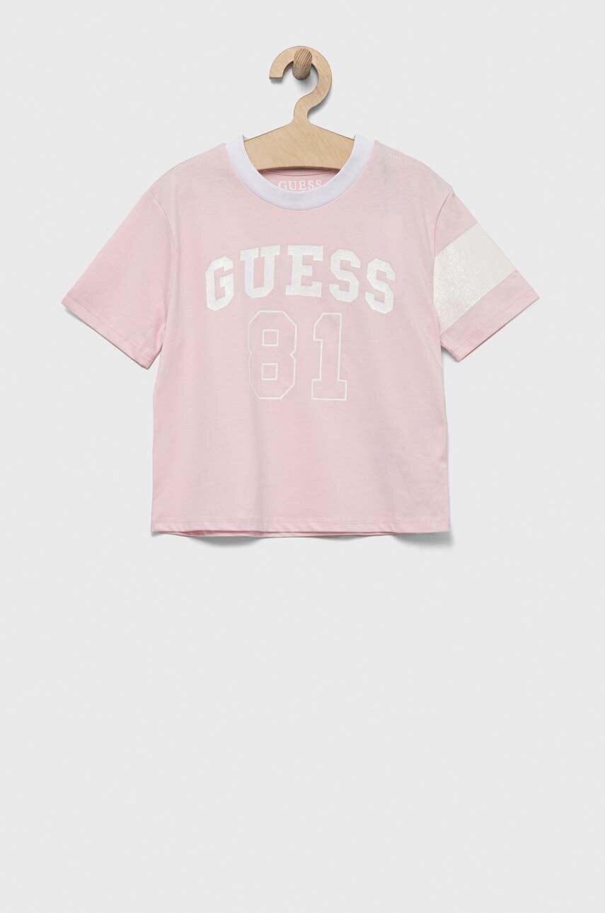 

Детская хлопковая футболка Guess цвет розовый