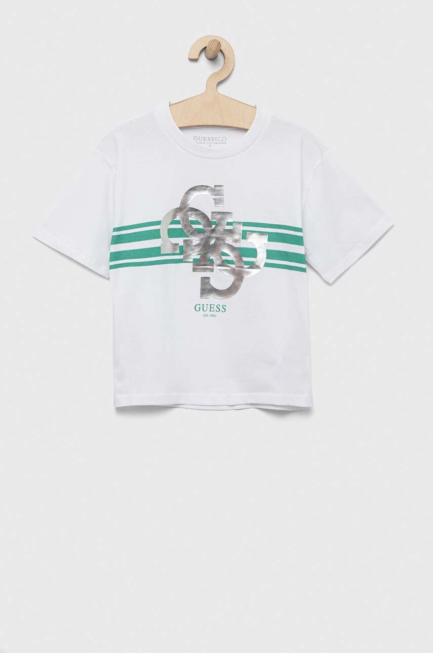 

Дитяча бавовняна футболка Guess колір білий