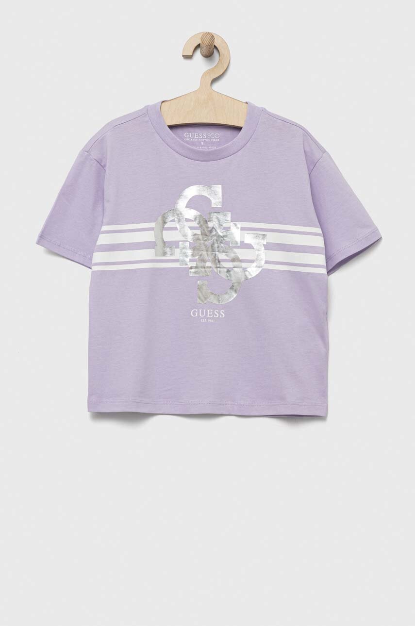 

Детская хлопковая футболка Guess цвет фиолетовый