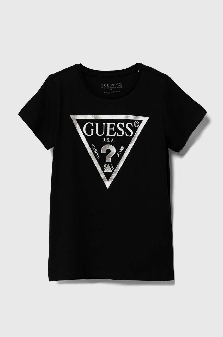 Levně Dětské bavlněné tričko Guess černá barva