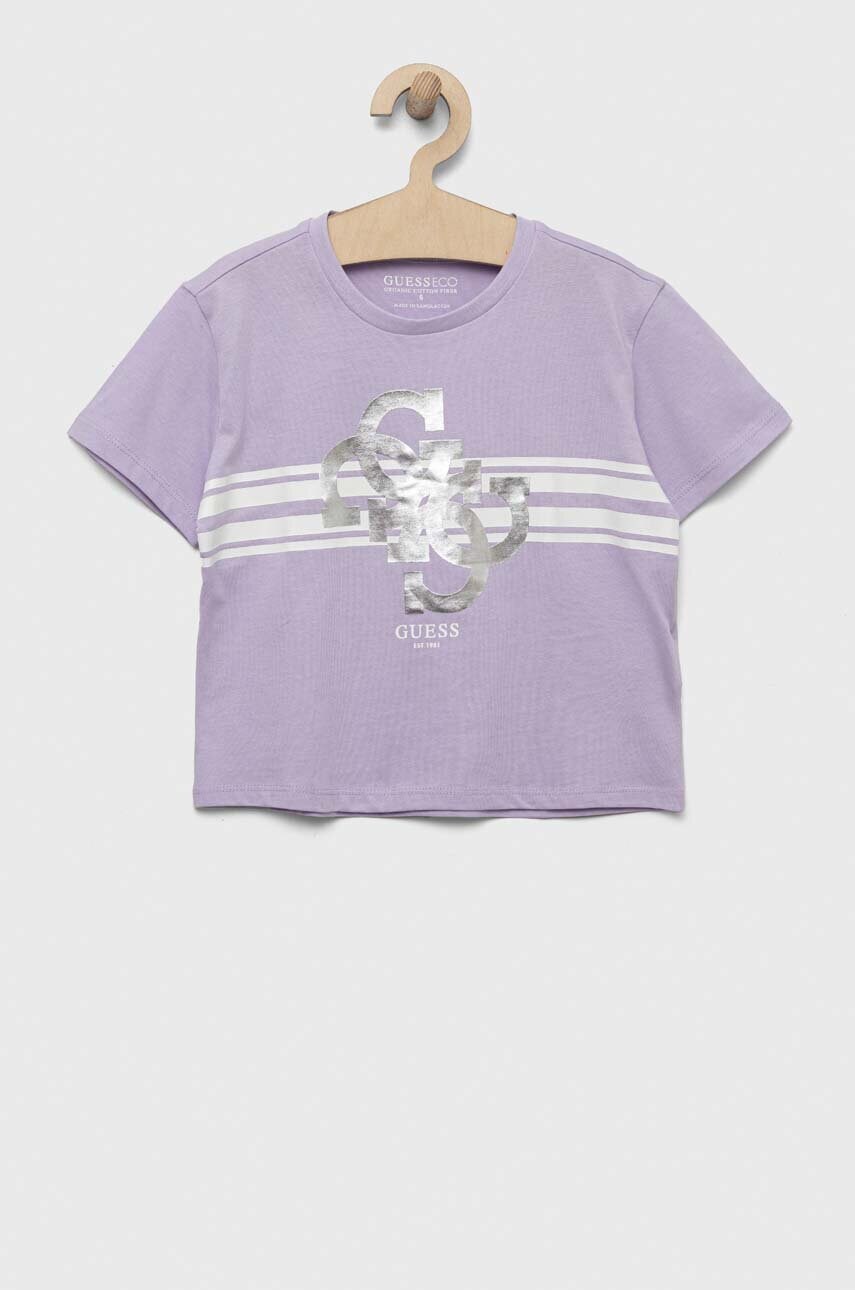 

Детская хлопковая футболка Guess цвет фиолетовый