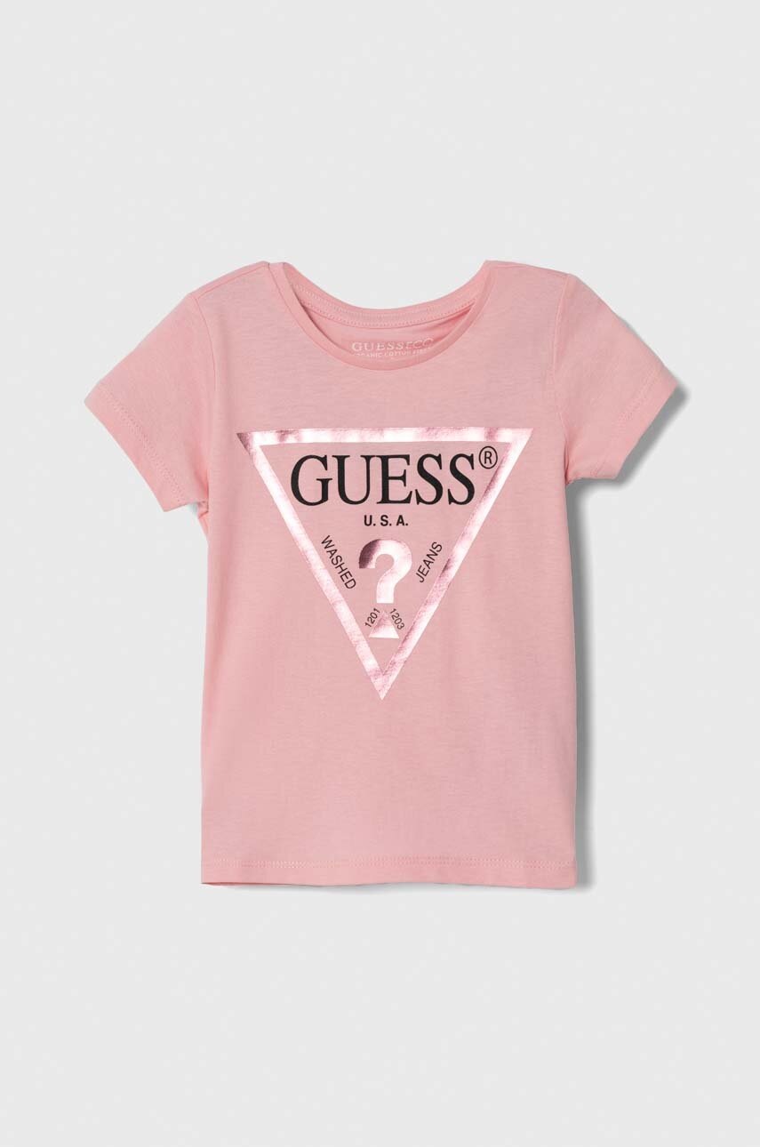 

Детская хлопковая футболка Guess цвет розовый