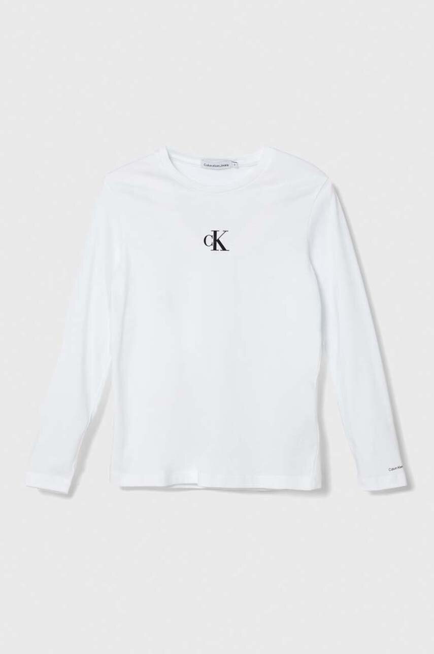 Levně Dětské bavlněné tričko s dlouhým rukávem Calvin Klein Jeans bílá barva