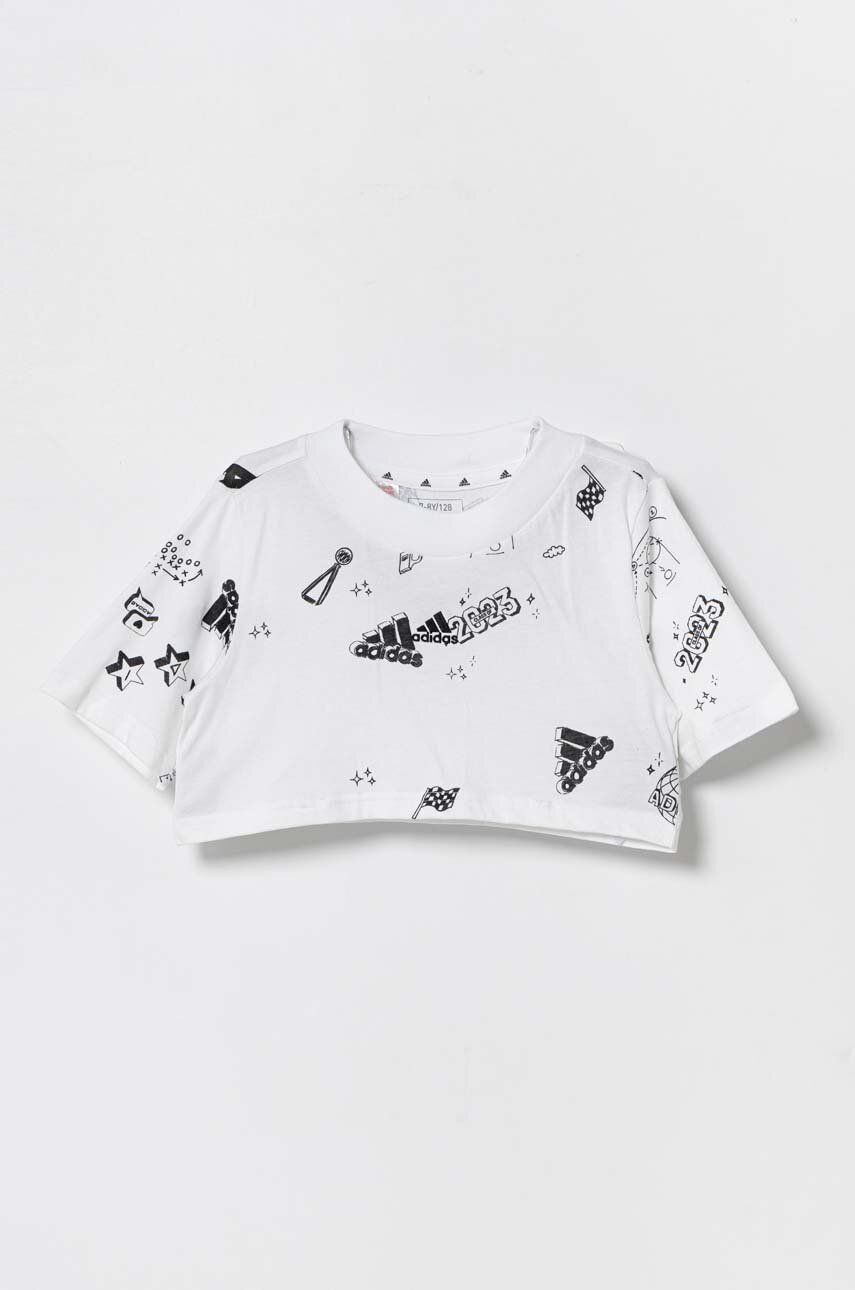 Levně Dětské bavlněné tričko adidas JG BLUV Q3 AOPT bílá barva